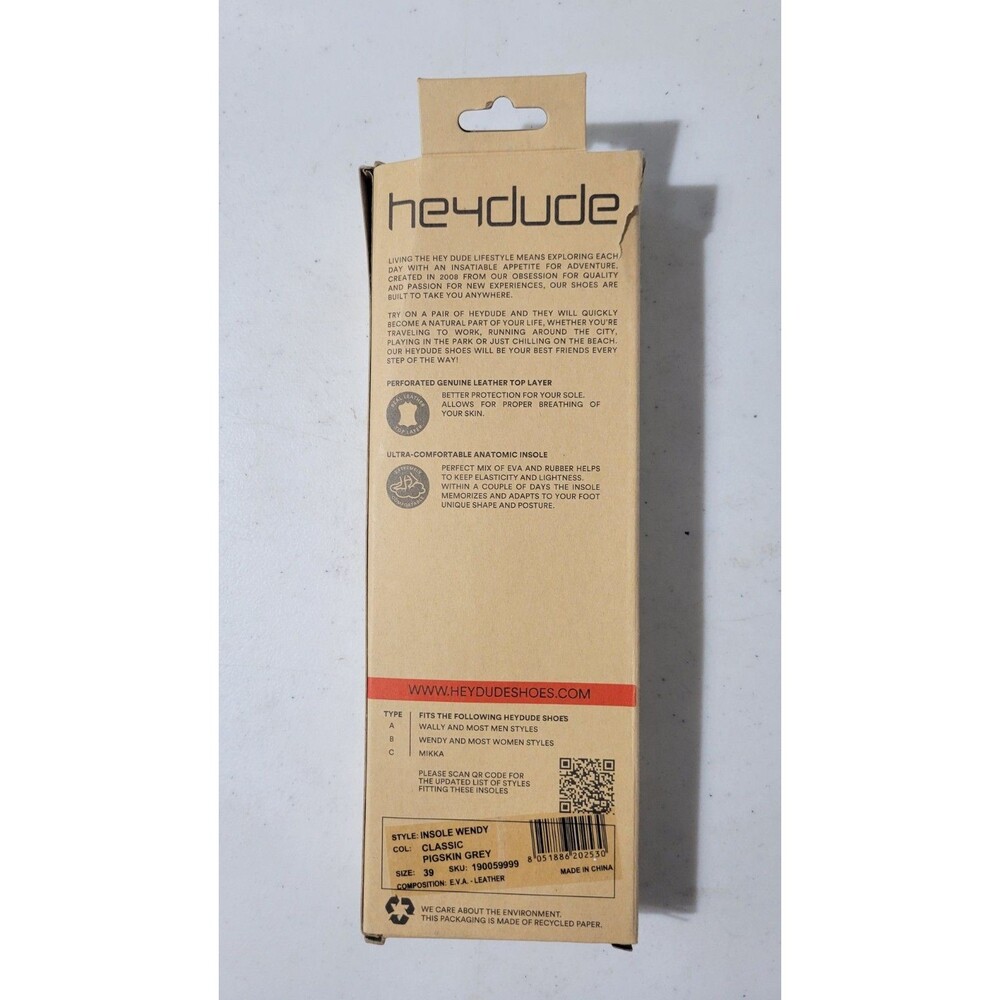 Hey Dude Pigskin Grey Leather Lightweight Foam Insoles Replacement Size 8 NEW - Picture 2 of 2